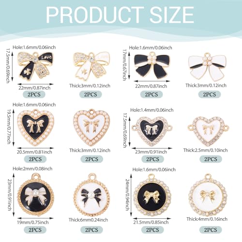 Craftdady Crystal Rhinestone Pendants Butterfly Heart Rhombus Bowknot Earring Charms Alloy Enamel Metal Pendants Light Gold Bracelet Charms for DIY Craft Necklace Jewelry Making - color: Black White Heart