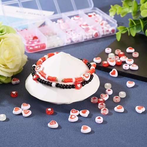 Beadthoven 200pcs Valentine's Day Heart Acrylic Beads - 7mm Flat Round Disc Red Heart Shaped Beads Spacers Bulk for Jewelry Making - color: Red