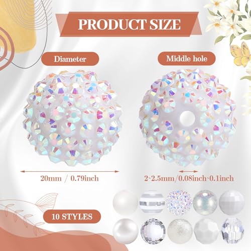 Ferreve 20 Pcs Chunky Bubblegum Beads 20mm Focal Pen Large Rhinestone Pearl Beads for DIY Beadable Pen School Jewelry Making Keychain Craft Making(White) - color: White