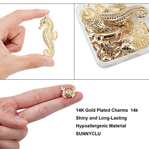 SUNNYCLUE 1 Box 16Pcs 8 Styles Real 14K Gold Plated Charms Gold Sea Theme Animal Charms Tortoise Starfish Seahorse Pendants Bulk for Earring Necklace Bracelet Jewelry Making Supplies - color: 14K Gold Plated Sea Theme Charms