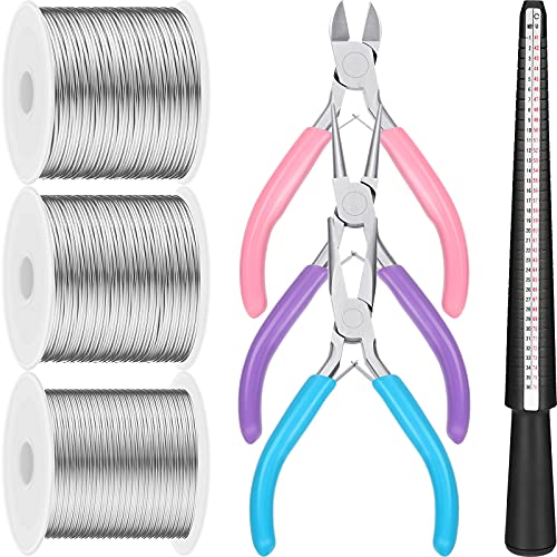 3 Rolls 18 20 22 Gauge Jewelry Wire for Jewelry Making with 3 Multi Purpuse Pliers and Ring Sizer, Tarnish Resistant Aluminum Beading Wire for Arts Crafts Making Supplies(Silver) - color: Silver