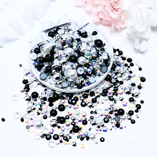 60g Flatback Pearls and Rhinestones for Crafts, Tumblers Shoes, Face Nail Art - 2mm-10mm Mix, Black|Silver|White - color: Black Diamond Blend | Mix Black | Silver | White