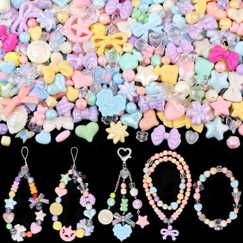 200-260PCS TINKRSTUFF Assorted Acrylic Beads Macaroon Color Cute Beads for Bracelet Making, Bow Aesthetic GummyBear Candy Butterfly Kawaii Charms for Jewelry Making DIY Necklace Keychain Phone Charm - color: Macaroon Color