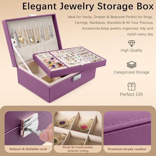 Homeanda Jewelry box 2 layer Jewelry box Leather Jewelry boxes for Women Girls Teens Jewelry organizer box Jewelry Storage box with lock(Purple) - color: Purple