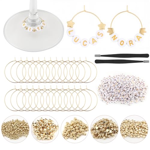 60 Set DIY Wine Glass Charms, 1040 Letter Beads 300 Gold Bead Charms 60 Rings for Stem Glasses, Personalized Wine Glass Markers Tags for Wedding Party Decorations (White) - style: White