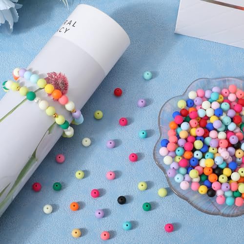 1 Box 500Pcs 8mm Matte Beads Round Acrylic Beads Opaque Frosted Colorful Ball Bubblegum Rubberized Imitated Silicone Smooth Loose Spacer Bead for Jewelry Making Bracelet Necklace DIY Crafts - color: Colorful