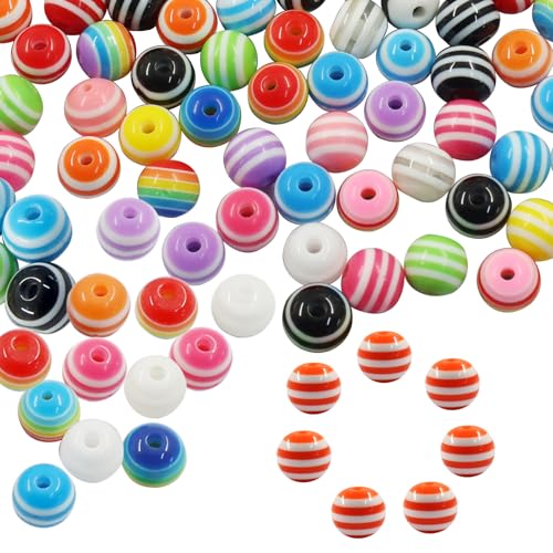 200pcs 8mm Resin Rainbow Beads, Plastic Stripe Multicolor Beads for Jewelry Making, DIY Bracelets, Earrings, Keychains & Craft Projects (Mixed) - color: Mixed