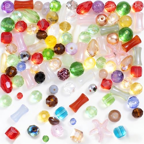50G Assorted Glass Beads, Decorative Glass Beads for Jewelry Making, Colorful Glass Bead for Crafts, Hole Drilled Bulk Glass Bead, Faceted Crystal Bead for Suncatchers (Mixed Color)