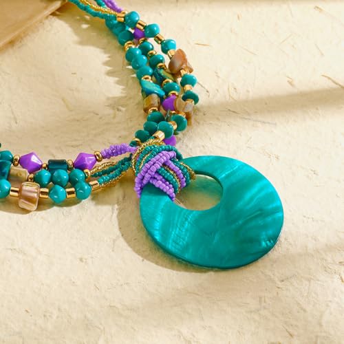 Coiris Shell Pendant Statement Strand Necklace for Women Boho Multi Beads Natural Stone Colorful Necklace Bohemian Handmade Chunky Shell Beaded Collar Jewelry for Women - color: Dark Teal