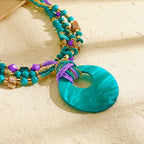 Coiris Shell Pendant Statement Strand Necklace for Women Boho Multi Beads Natural Stone Colorful Necklace Bohemian Handmade Chunky Shell Beaded Collar Jewelry for Women - color: Dark Teal