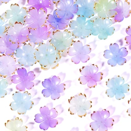 100pcs Cherry Blossom Beads, 5-Petal Gradient Acrylic Flower Beads, Mini Spacer Hair Accessories Halloween Christmas for Bracelets Earring Jewelry Making- Purple1 & Green - color: Purple1 & Green
