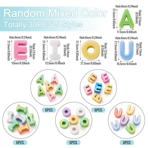 Cheriswelry 30Pcs Acrylic Letter Beads Large Hole European Bracelet Bead Vowel Alphabet Loose Spacer Beads 21.5x12.5mm for DIY Necklace Keychain Lanyard Making Craft Hole:6mm - color: Mixed Color*2