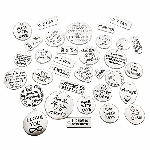 30pcs Inspiration Words Charms Craft Supplies Mixed Pendants Beads Charms Pendants for Crafting Jewelry Findings Making Accessory for DIY Necklace Bracelet (Antique Silver)