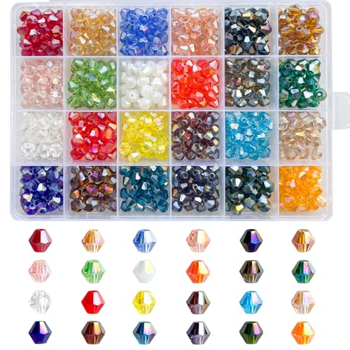 Rubdub 600pcs 8mm Crystal Beads Bicone Bracelet Beads Bulk Faceted Glass Beads 24 Colors Rainbow Loose Beads for Necklace Earring Keychain Dolls Jewelry Making (AB Colors) - size: 8mm
