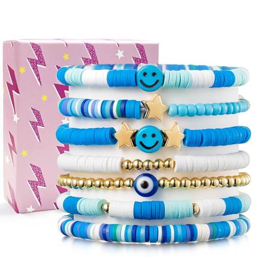 LieToi Preppy Heishi Bracelets Set Colorful White Gold Smile Heart Star Evil Eye Beaded Polymer Clay Pearl Stackable Charm Y2K Kidcore Summer Beach Bohemian Layering Bracelets Jewelry for Women Girls Teens - color: S-7Pcs-Sky Blue