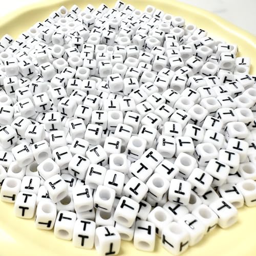 500Pcs White Square Letter Beads T 6X6mm Individual Cube Alphabet Beads for Friendship Bracelets Making - color: Square - T