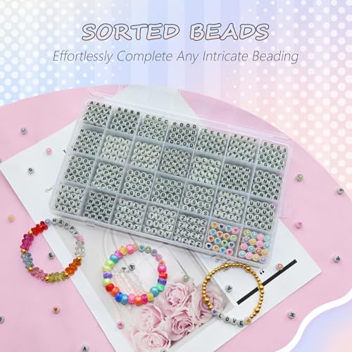 Looconi 1400pcs Letter Beads Glow in The Dark 7x4mm Black Alphabet A-Z and Smiley Heart Beads for Jewelry Bracelet Making - color: Glow-White