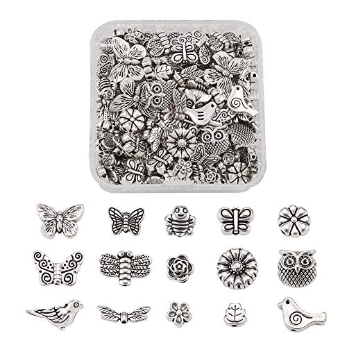 Beadthoven 150pcs/box Tibetan Silver Butterfly Flower Spacer Beads Owl Bird Dragonfly Bees Loose Beads Charms with 1-2mm Hole for Jewelry Crafts Making - color: Antique Silver-Butterfly-15 Style
