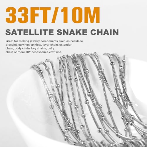33 Feet Stainless Steel Snake Chains Roll, 1mm 304 Stainless Steel Round Satellite Snake Chain Bulk Spool for Jewelry Making DIY Craft - color: Small Beads Stainless Steel Satellite Snake Chains