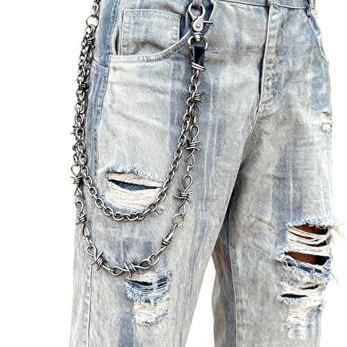 Layered Punk Pants Chain for Men Women, Gothic Hip Hop Jean Chain Wallet Chain Biker Trouser Chain, Goth Emo Fashion Keychain Accessories - color: 2L-Black Barbed