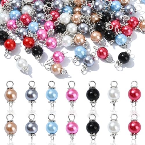 Ipotkitt 100 Pcs Colorful Pearlized Glass Pearl Charms Two Hole Round Links Charms End Drop Bead Connectors for DIY Jewelry Making - color: 100pcs-Glass Pearl Links-17x8mm