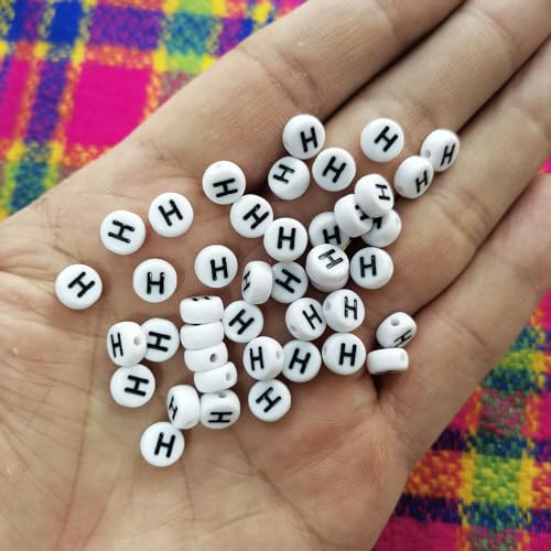 Amaney 100pcs H Letter Beads 7x4mm White Round Acrylic Black Alphabet for Bracelet Jewelry Making - color: H