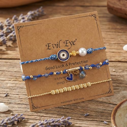 Evil Eye Heart Charm Stackable String Rope Colorful Beaded Bracelets Set For Women, Boho Handmade Adjustable Protection Lucky Gold Jewelry, Daily Party Friendship Gift - color: Blue