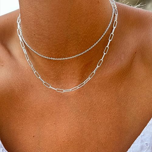 Freekiss Women's Layered Necklace Set - 3 Piece Dainty Gold Jewelry for Everyday Stacking | 14K Gold Plated Snake Chain, Rope Chain, Cuban Chain | Adjustable Length 14-18.5 Inch | Gift Ready - color: Silver, style: Paperclip+O+Box Chain