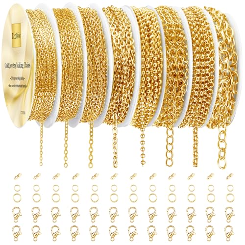 Ecoofor Gold Necklace Chains for Jewelry Making, 62.3 Feet 8 Rolls Jewelry Chains for DIY Necklace Bracelet Jewelry Making with Jump Rings/Lobster Clasps/Connectors - color: Gold, size: 8 Rolls