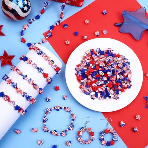 4th of July Polymer Clay Beads, 300pcs Independence Day 250th Anniversary American Flag Red White Blue Spacer Beads for Jewelry Making DIY Bracelet Necklace Craft Patriotic Party Supplies - color: Red White Blue B