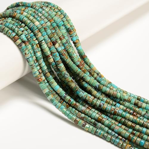 Natural 2.5x4mm Multi-Color Turquoise Gemstone Smooth Heishi Disc Abacus Loose Beads for Jewelry Making Craft DIY, 15.5" Strand Green Real Stone Spacer for Necklace Bracelet Earring, 1 Str/Pack