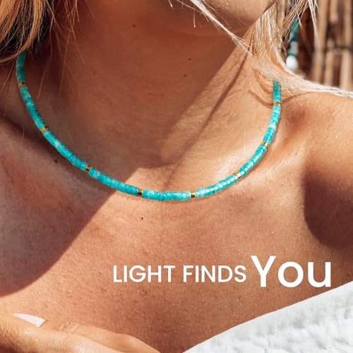 AGOT Beaded Gemstone Necklace for Women: Boho Bead Choker Natural Stone Necklaces - Handmade Jewelry for Summer Beach - color: Blue