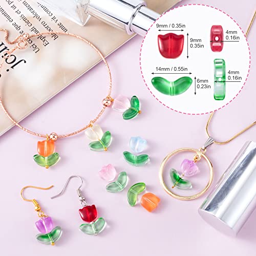PAGOW 320PCS Tulip Flower Beads Glass Translucent Bracelet Beads Colorful Handcrafted Crystal Loose Glass Beads for Spring Summer DIY Jewelry Making Gifts - color: Tulip-320pcs Bright Colors