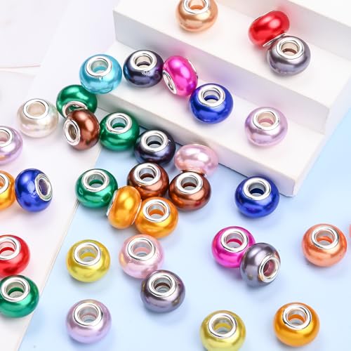 PIPITREE 100PCS Acrylic Beads 9 * 14mm Focal Beads for Pens Acrylic Flat Bulk Bead Imitation Pearl Mixed Color 6mm Large Hole Bead for Keychains Beadable Pens DIY Crafts Jewelry Making & Gift Giving - color: Imitation Pearl