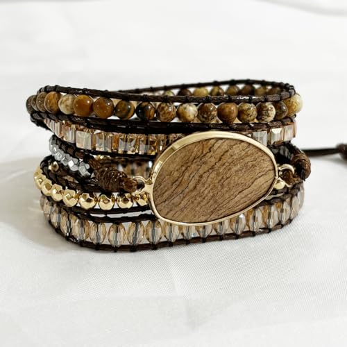 YGLINE Women Boho Handmade Natural Stone Crystal Leather Bead Wrap Bracelets Collection - color: Picture Jasper-5w