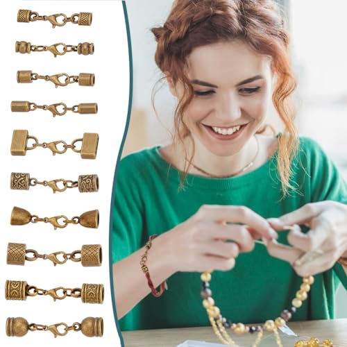PH PandaHall 10 Styles Tibetan End Caps, 20 Sets Leather Cord End Caps Alloy Tube Barrel End Tip with Lobster Clasp Rope End Caps with Ring Connector for Necklaces Bracelet Jewelry Making