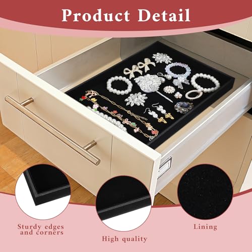 6-Piece Velvet Stackable Jewelry Organizer Trays – 13.8" x 9.5" Large Size Black Premium Display & Storage for Necklaces, Bracelets, Rings & More