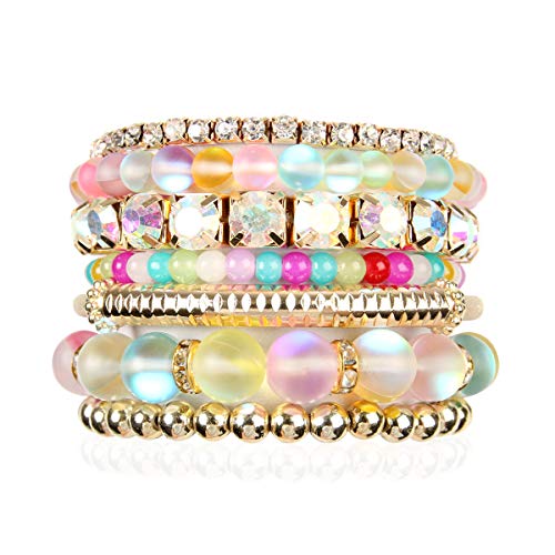 RIAH FASHION Multi Color Stretch Beaded Stackable Bracelets - Layering Bead Strand Statement Wrap Bangles - color: Mermaid Glass - Multi-color, size: 7.0 Inches Length