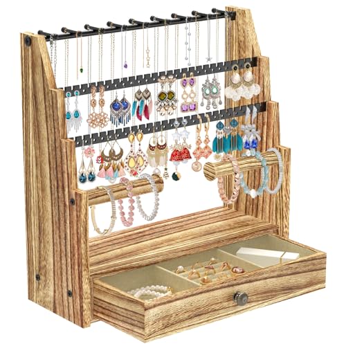 MODOWEY Jewelry Stand Necklace Earring Holder Organizer, Tiered Countertop Jewellery Tree with Ring Drawer, Wooden Bracelet Display Rack for Women Vendors, Organize 120+ Pieces Neatly & Within Reach - color: Lightly Charred Wood