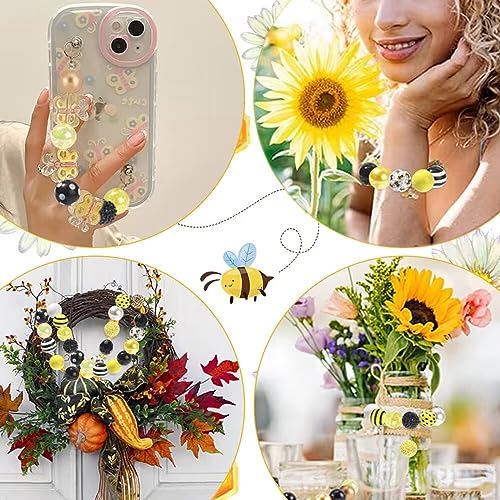 DanLingJewelry 50Pcs 20mm Bee Acrylic Beads - Yellow Black Round Ball Dot Stripe Printed Beads for DIY Crafts Bracelet Jewelry Making - color: 50pcs - bee