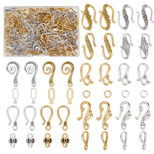 120Pcs Tibetan Style Hook and S-Hook Clasps 12 Styles Connector End Clasps Toggle Cord Rope End for Necklace Bracelet Jewelry Making