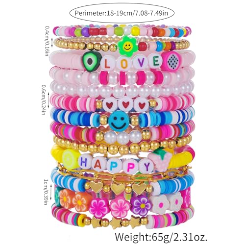 Friendship Bracelets Boho Stackable Bracelets for Women Surfer Heishi Clay Bead Bracelets Stretch Preppy Bracelets Colorful Boho Bracelets for Women - color: 14pcs HAPPY