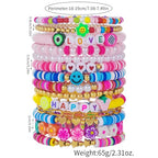Friendship Bracelets Boho Stackable Bracelets for Women Surfer Heishi Clay Bead Bracelets Stretch Preppy Bracelets Colorful Boho Bracelets for Women - color: 14pcs HAPPY