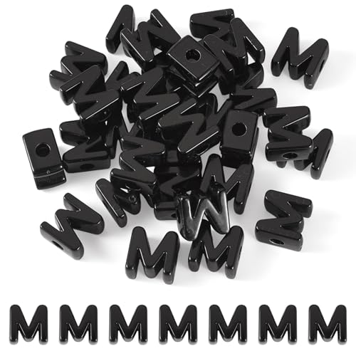 FASHEWELRY 30Pcs Acrylic Letter M Beads with Large Hole Big Plastic Letter Blocks European Beads 3D Letters Chunky Vowel Initial Alphabet Bead for Key Chains Necklace DIY Arts Craft Projects - color: Black, size: M