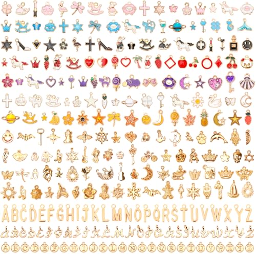 SANNIX 350Pcs Charms for Jewelry Making, Assorted Enamel KC Gold Mixed Alphabet Letters Charms Bulk for Bracelet Necklaces Earrings Making Supplies - color: Multicolor+Gold