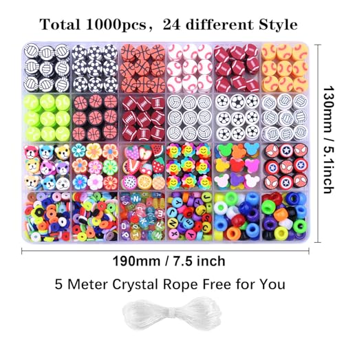 BBita 1000PCS Sports Polymer Clay Beads Bracelet Making kit, 24 Style Cute Fun Ball Beads Baseball Basketball Soccer Rugby Volleyball Football Charms, DIY Bracelet Making kit - color: A3#Style 1