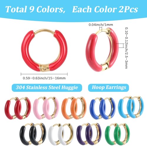 SUNNYCLUE 1 Box 18Pcs Huggie Hoop Earrings Huggie Hoop Earring Findings 16Mm Round Ear Hook Colorful 304 Stainless Steel Ear Hooks for Jewelry Making Accessories DIY Crafts Gifts Women Adult Supplies - style: Style 1