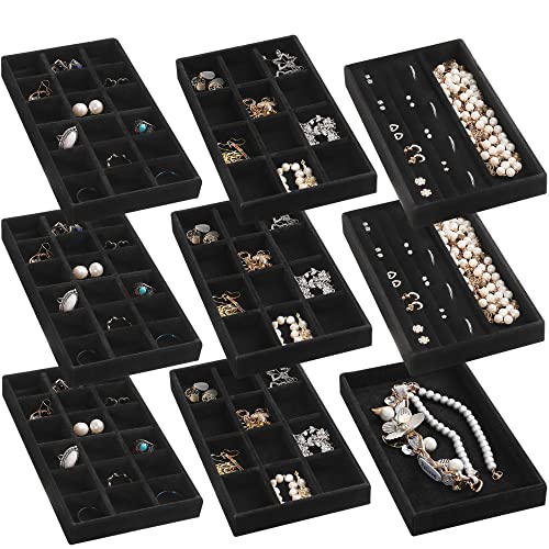 Frebeauty Jewelry Organizer Tray,Stackable Velvet Jewelry Trays,Drawer Inserts Earring Organizer For Women Jewelry Storage Display Case for Rings Stud Necklaces,Set of 9(Black) - color: Black, size: Set 9