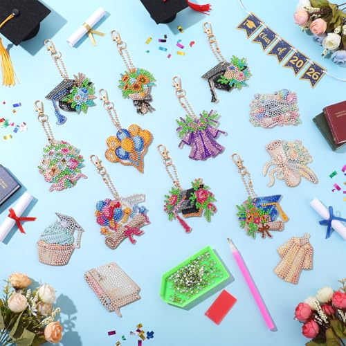 Huquary 24 Pcs Graduation Diamond Art Painting Keychain Kits 5D DIY Graduation Diamond Art Ornaments Class of 2026 Congrats Grad Crafts for Grad Party Favors Decorations Backpack Charms Accessories - style: Graduation
