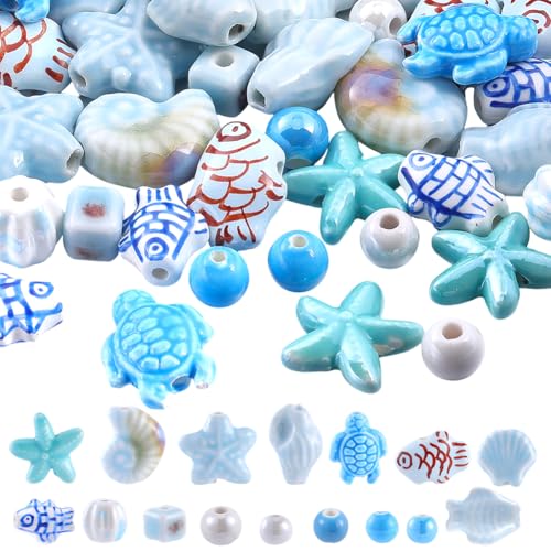SUNNYCLUE 1 Box 56Pcs Turtle Beads Ceramic Ocean Beads Set Blue Starfish Shell Conch Fish Sea Beach Summer Round Square Loose Spacer for Jewelry Making DIY Necklace Bracelet Crafts Supplies Women